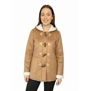 Faux Suede Duffle Coat Tan Jacket Sherpa Fleece Lined Hooded Toggle Closure